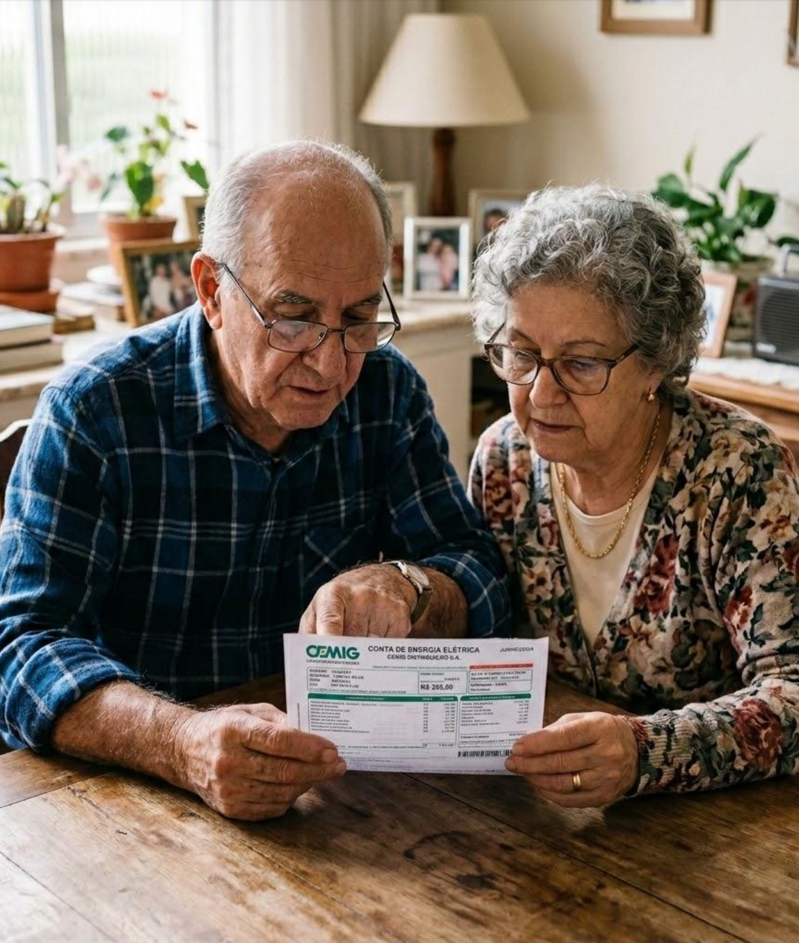 Casal de clientes do Shop Mercantil felizes vendo a economia na conta de luz